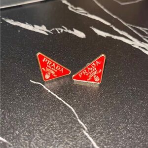 Prada Red Triangle Logo Stud Earrings - Designer Enamel